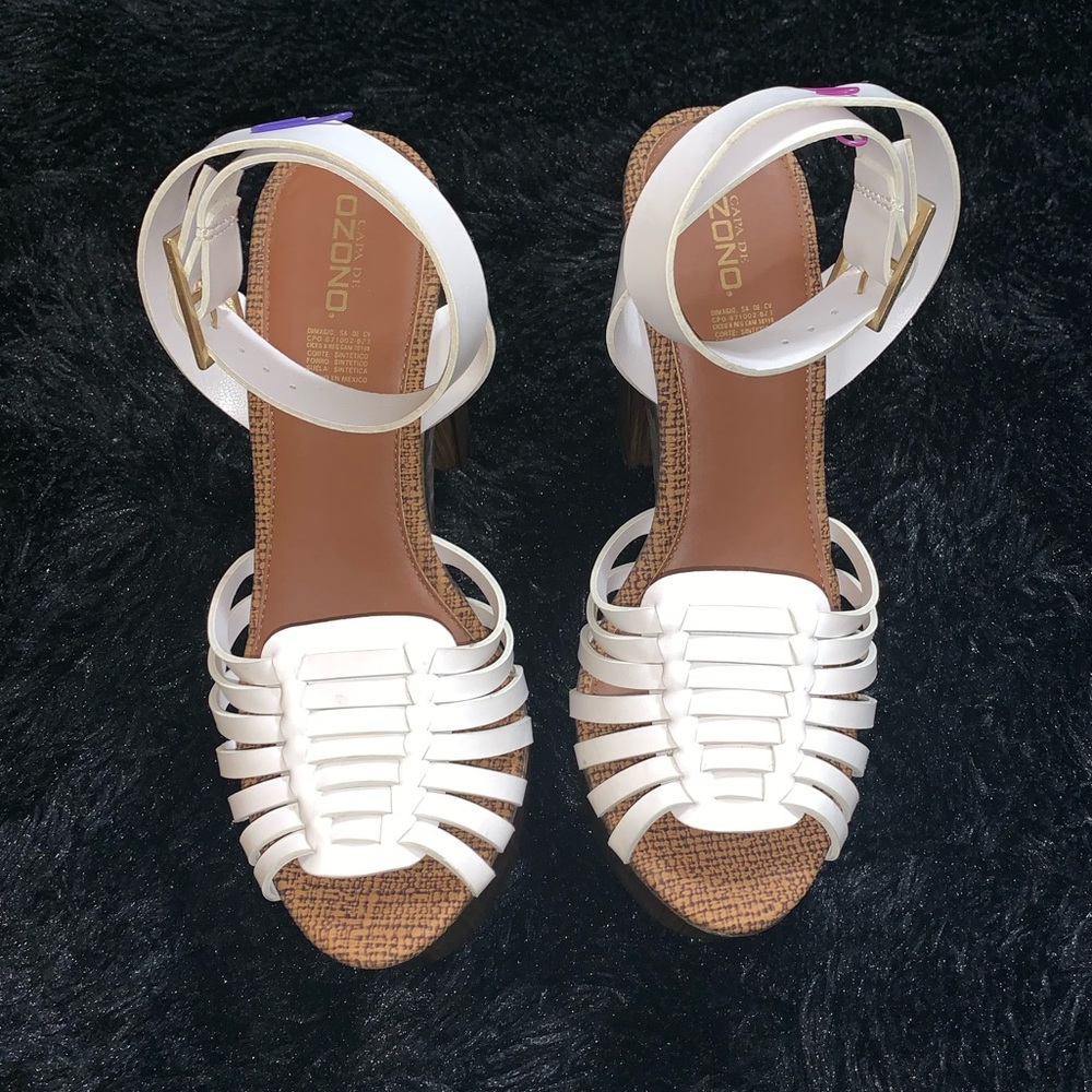 Ozono White Ankle Strap Wooden Heels Chunky